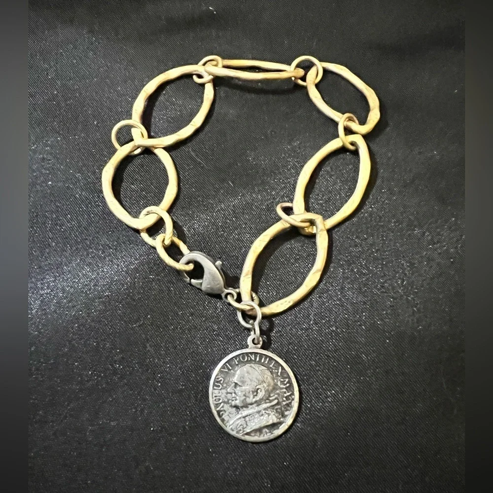 Gold tone and Silver Chain Bracelet with Catholic Pope Paulus VI Coin Charm